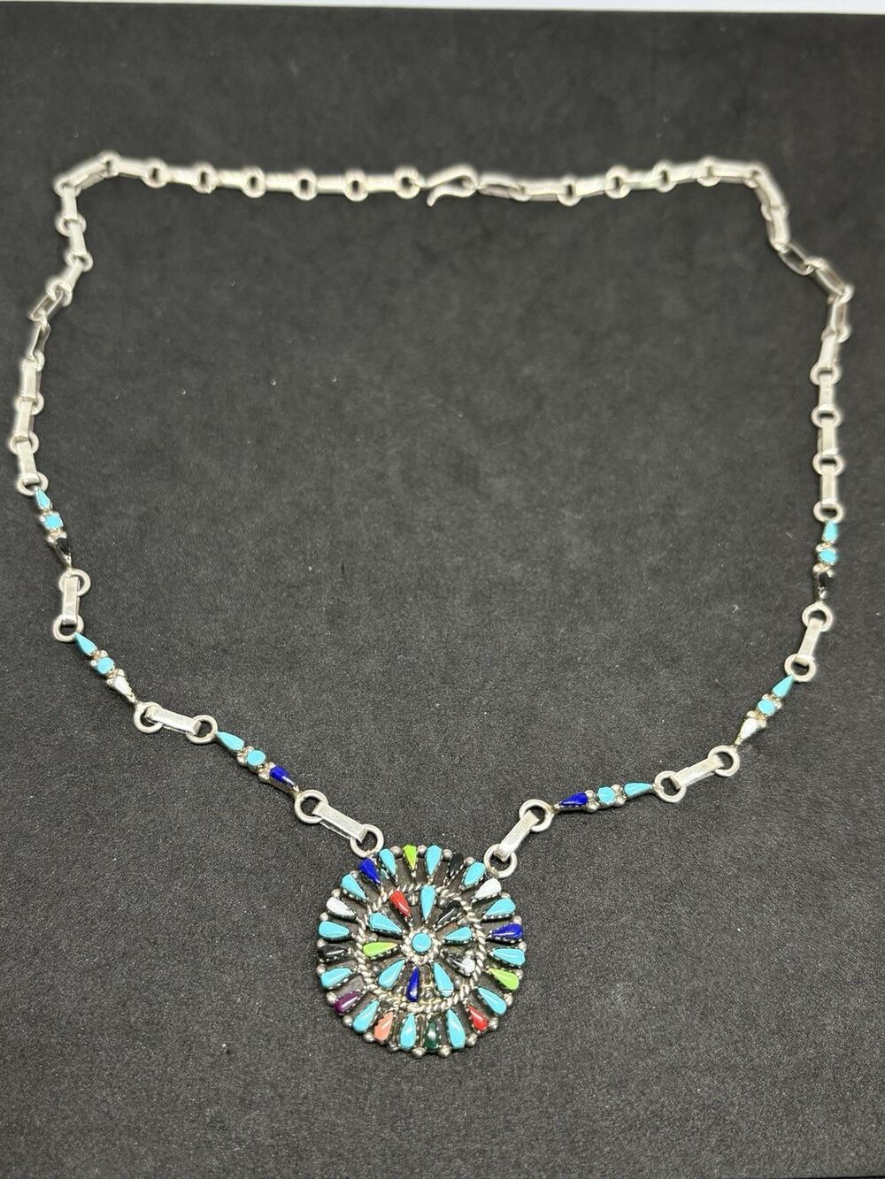 Vtg Sterling NATIVE AMERICAN ZUNI Petit Point Turquoise Dawn Lucas Necklace 20”